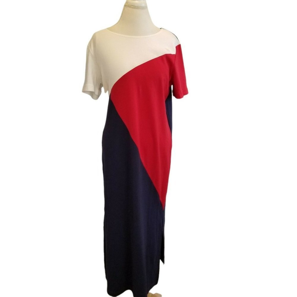 Vintage 90s Colorblock‎ Maxi Dress Red Blue Casual Patriotic Size Medium